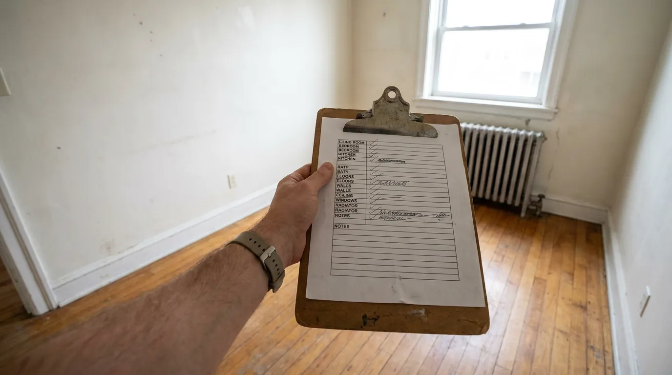 A hand holding a clipboard with a checklist, inspecting an empty apartment room with bare walls and a radiator