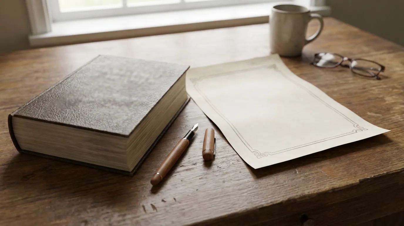 A German language textbook and a pen resting on a desk next to a blank certificate-style document, no readable text visible