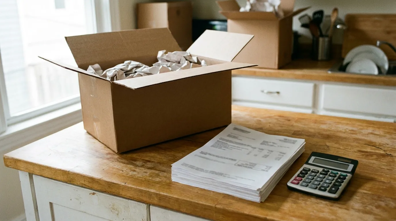 Una caja de mudanza junto a una pila de facturas de servicios y una calculadora sobre una encimera de cocina