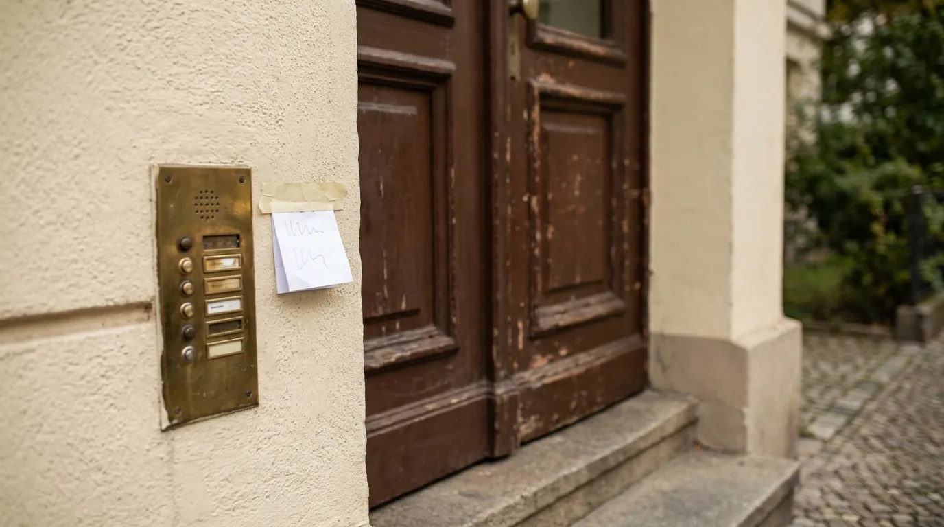 Eine verwitterte Holzeingangstür eines deutschen Mehrfamilienhauses mit einem kleinen gefalteten Zettel neben einem Messing-Klingelschild