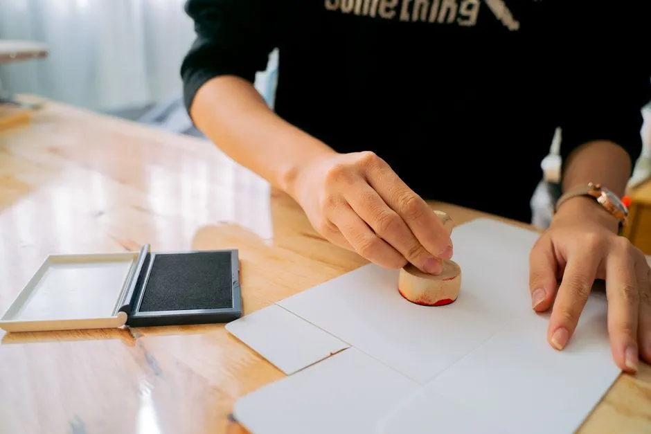 Eine Hand stempelt eine offizielle Genehmigung auf ein Dokument