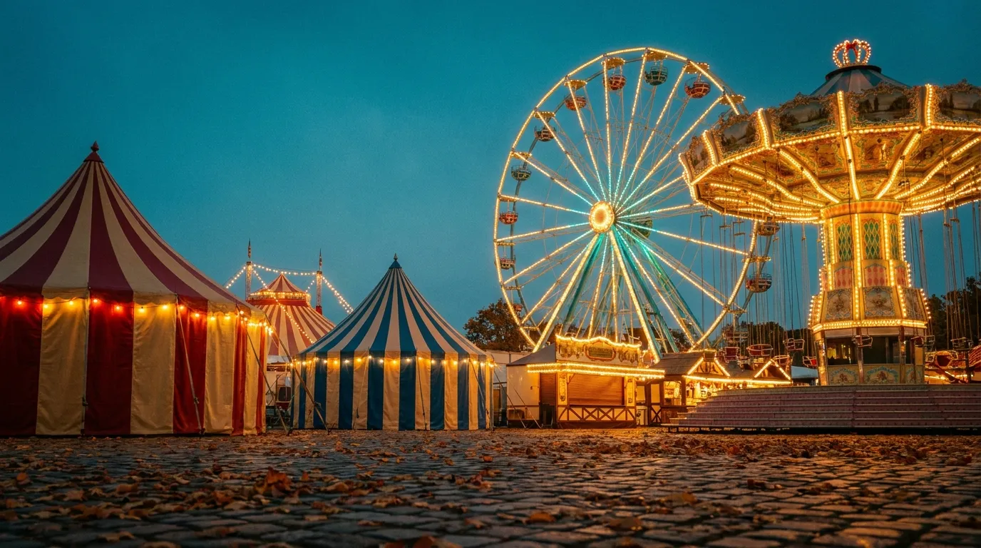 Alacakaranlıkta ışıklı bir dönme dolap ve renkli lunapark ışıklarının akşam gökyüzüne karşı parladığı bir Oktoberfest alanı, arka planda çizgili çadır çatıları ve ışık dizileri, kalabalık görünmüyor