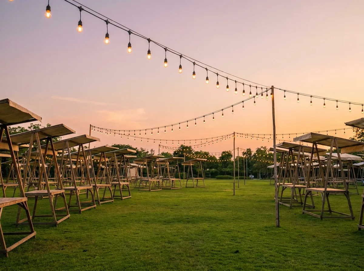 A wide green park lawn with festival string lights and empty market stall frames set up under a summer evening sky, no people or readable text visible