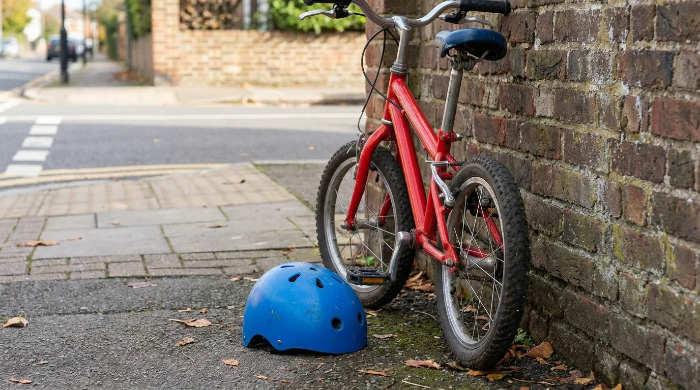 A child's bicycle helmet and a small bicycle resting against a wall near a residential street corner, no people visible