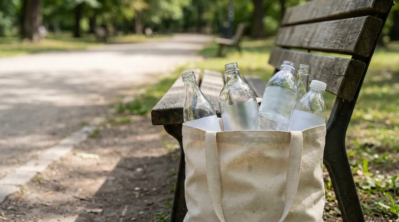 Algunas botellas vacías de vidrio y plástico reposando en una simple bolsa de tela cerca de un banco de parque, sin texto legible ni personas visibles