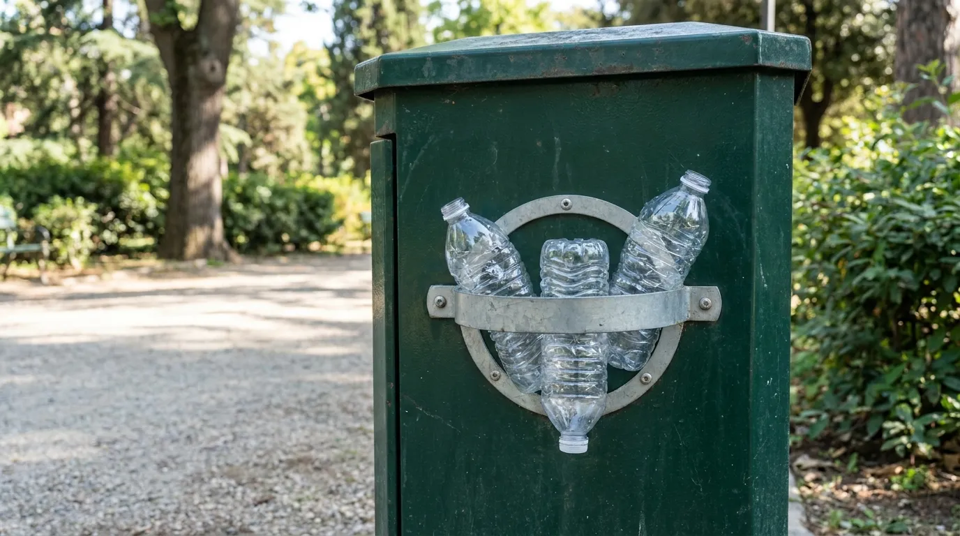 A public park trash bin with a metal ring holding a few empty plastic bottles on the outside