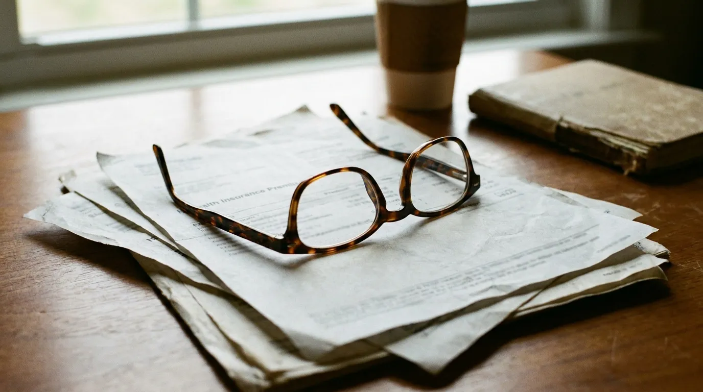 Un par de gafas de lectura reposando sobre una pila de extractos de prima de seguro médico