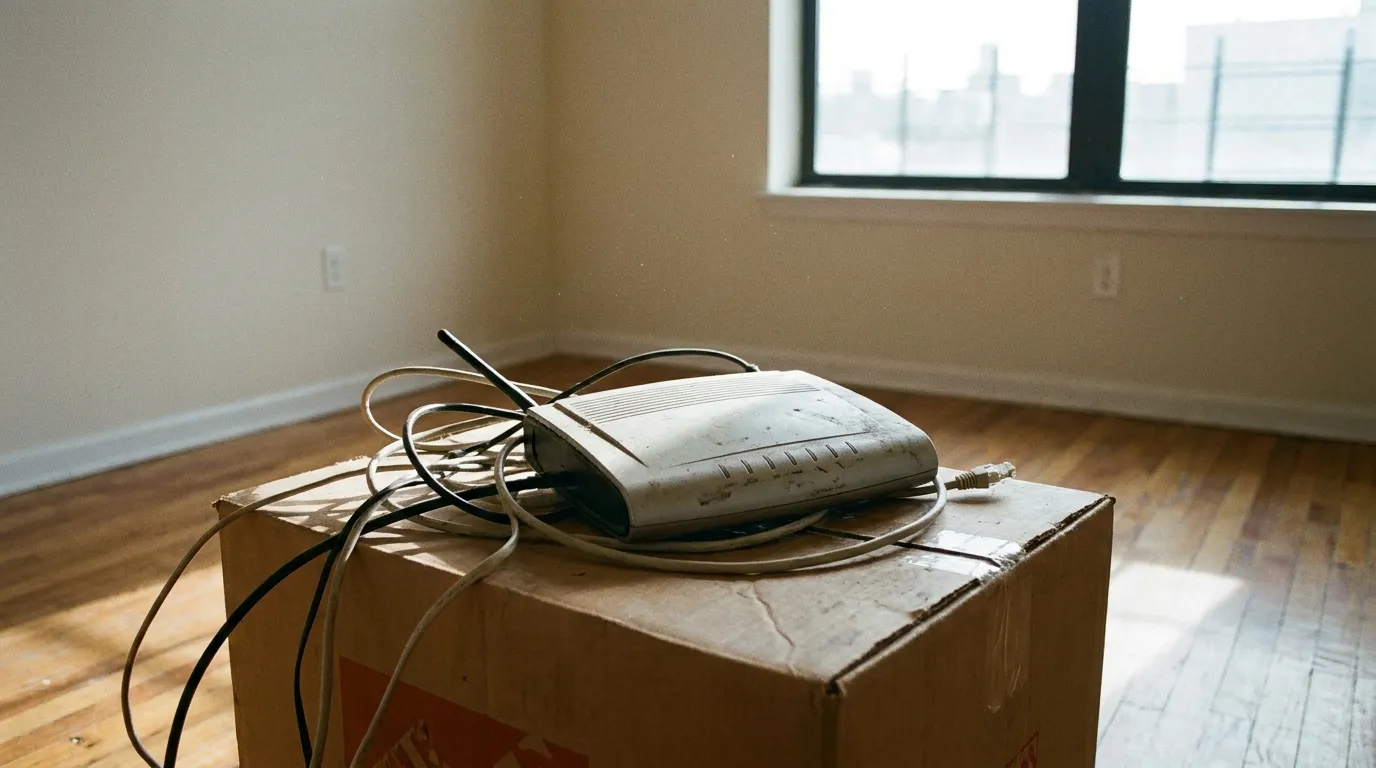 Un router DSL con cables desconectados sobre una caja de mudanza en un apartamento por lo demás vacío