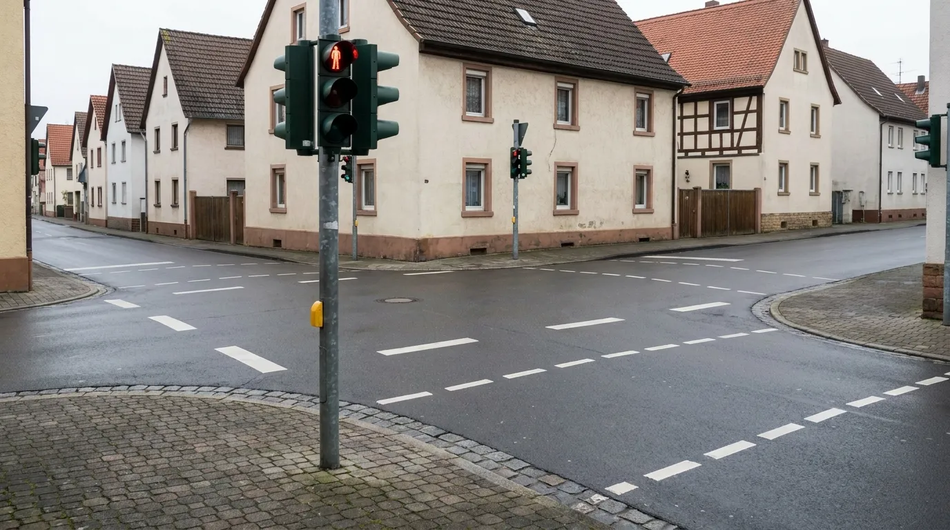 A simple pedestrian crossing with a traffic light near a residential street corner, no people visible