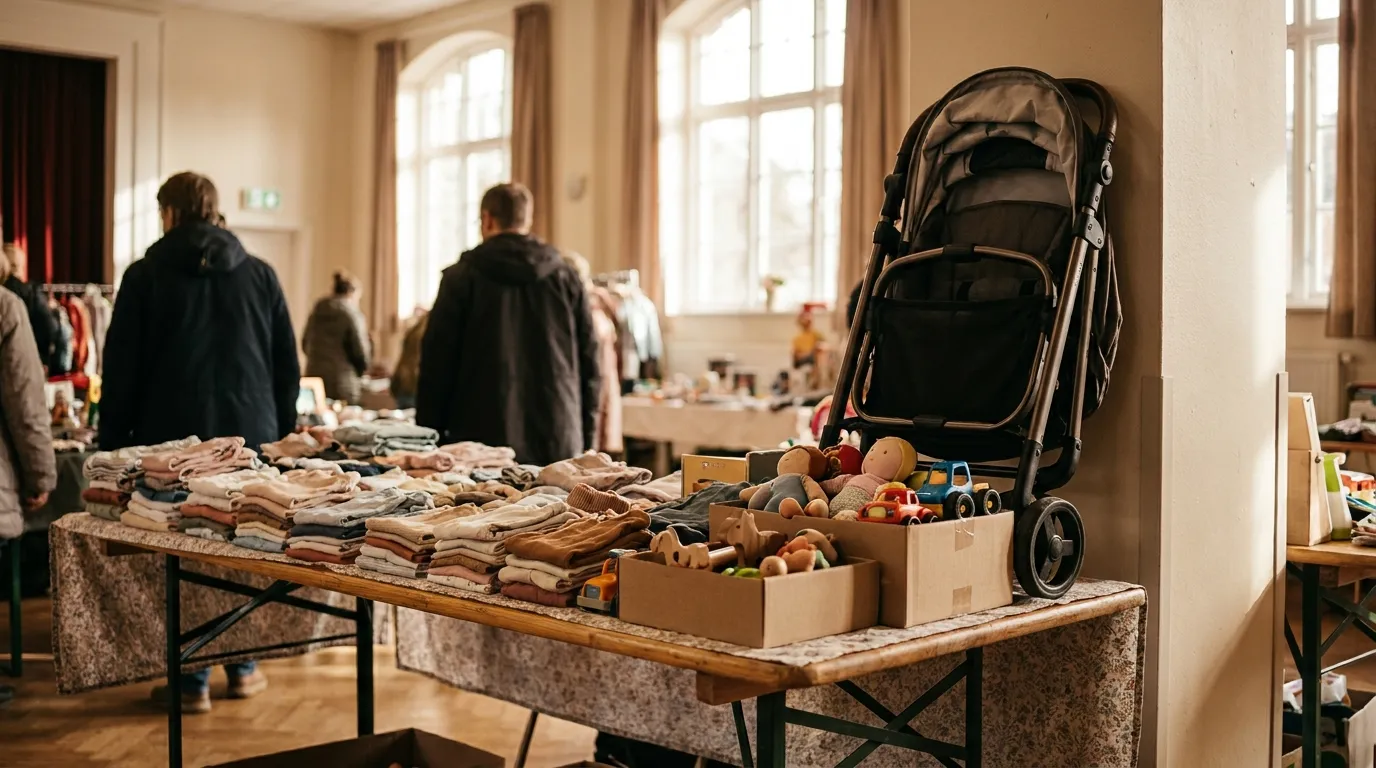 Una mesa en un mercadillo infantil con ropa de bebé de segunda mano doblada con cuidado, juguetes pequeños, y un cochecito plegado