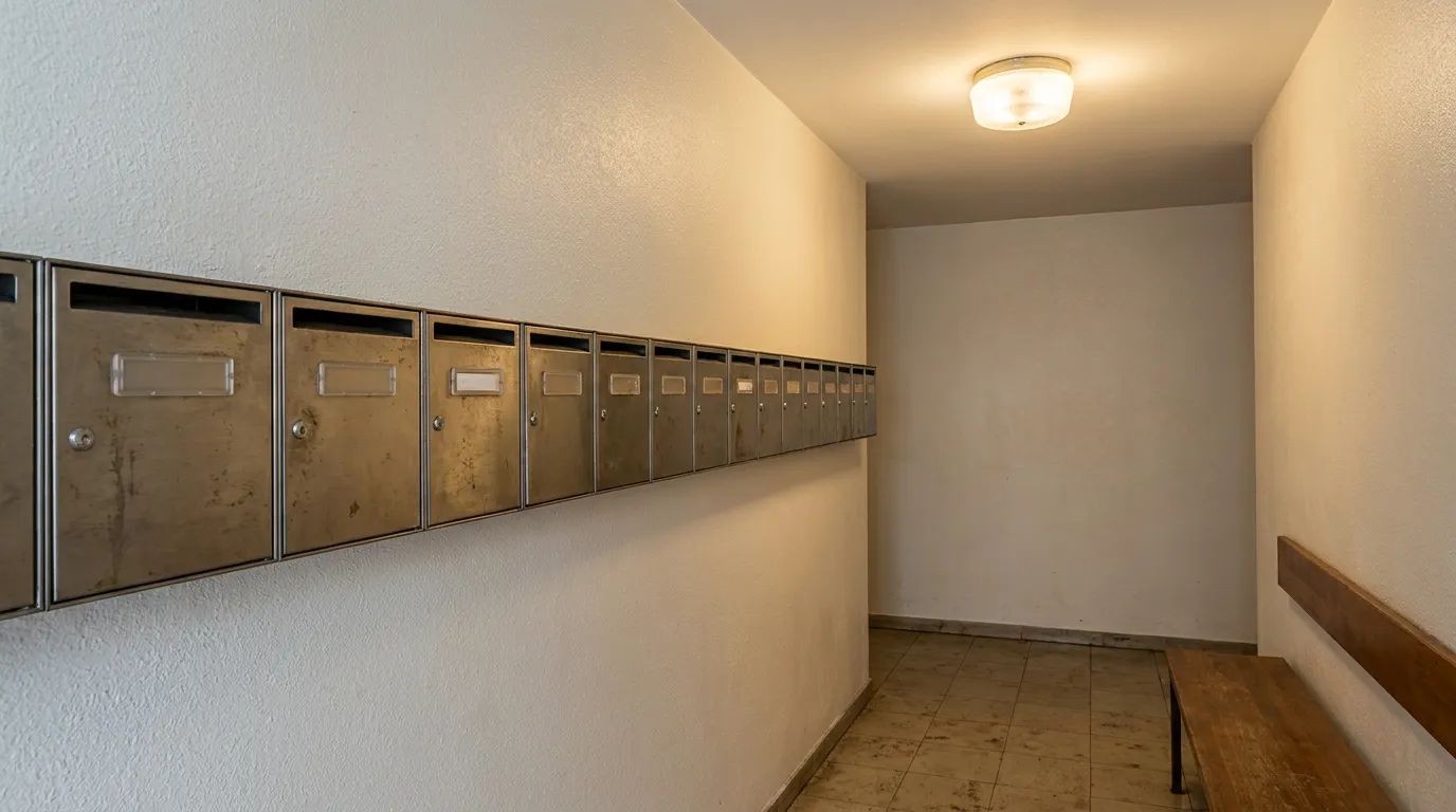 Eingangsbereich eines schlichten Mehrfamilienhauses mit einer Reihe von Briefkästen, ohne lesbare Namen oder Personen im Bild