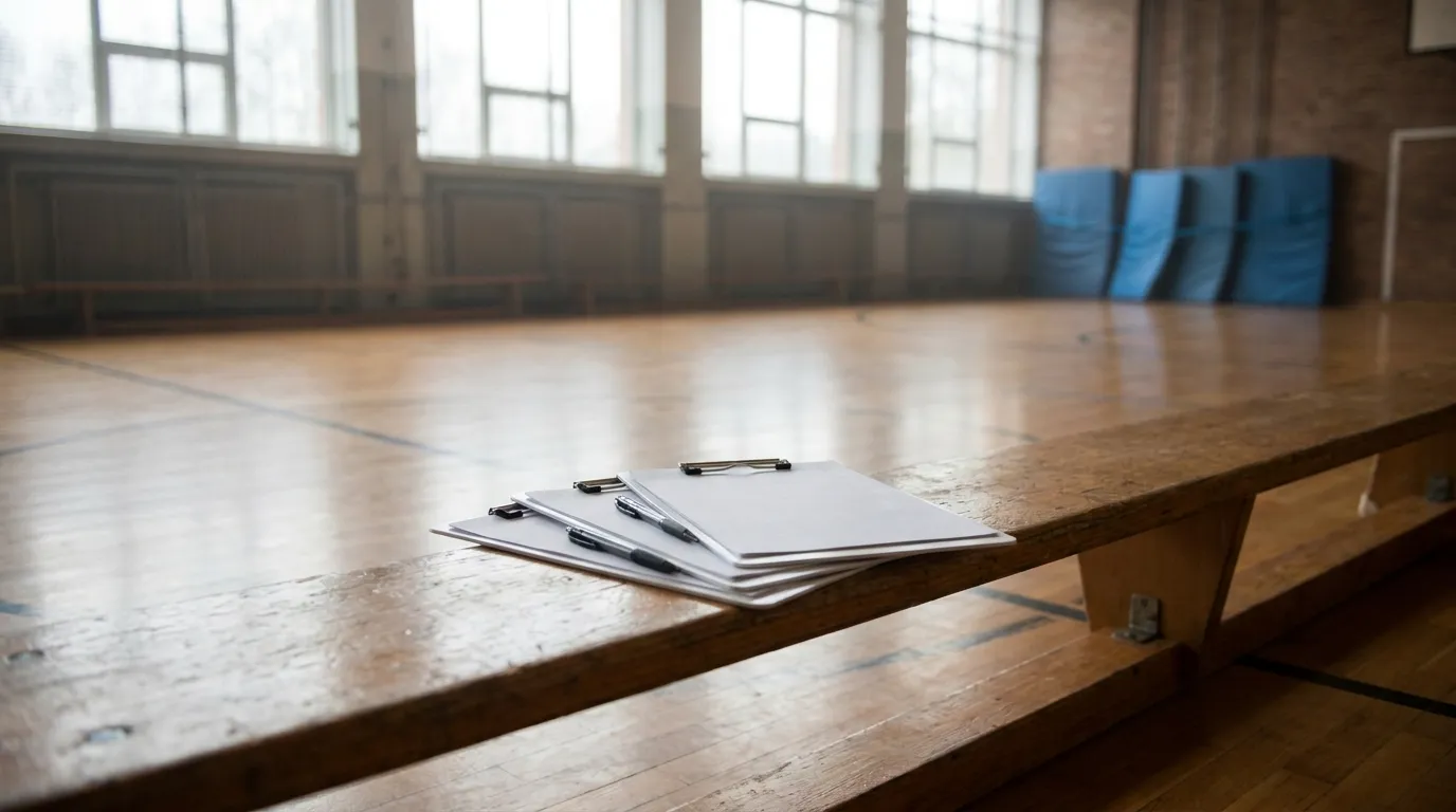 Un banco de gimnasio de madera vacío que sostiene un pequeño montón de hojas de inscripción en blanco sobre portapapeles, con ventanas altas y colchonetas de gimnasia enrolladas al fondo