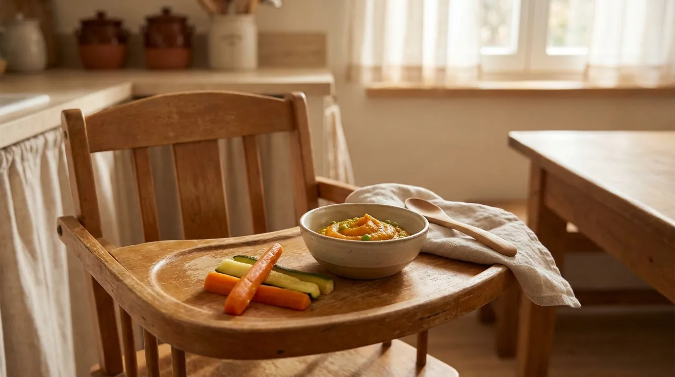 Ein Kindersitz-Tablett mit einer kleinen Schüssel pürierten Gemüses und weichen gedämpften Gemüsesticks als Fingerfood