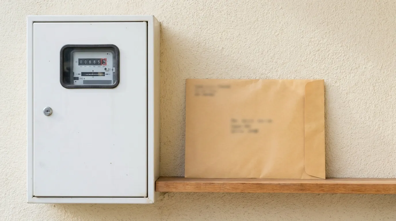 A household electricity meter with a past-due notice envelope resting beside it on a wall, no readable text visible
