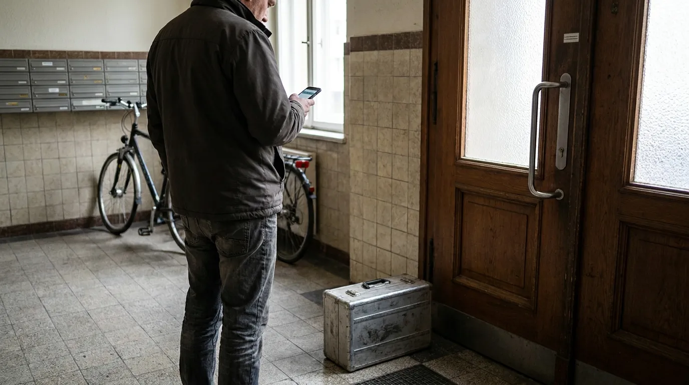 Орендар перевіряє свій телефон, чекаючи біля дверей квартири, поруч лежить нерозкрита скринька з інструментами