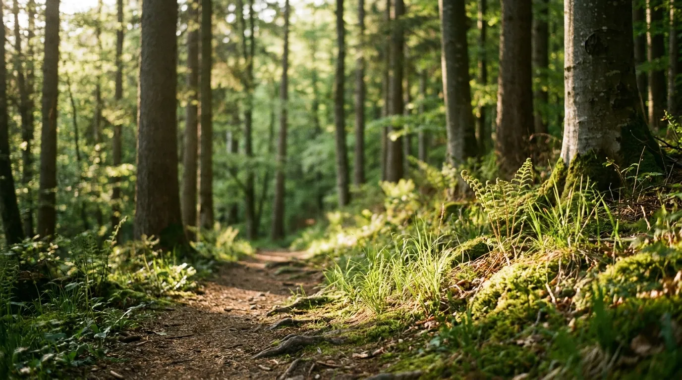 Ein Wanderweg im bayerischen Wald, an dessen Rand hohes Gras und Farne wachsen, geflecktes Sonnenlicht fällt durch Buchen und Kiefern auf den Waldboden, keine Menschen zu sehen