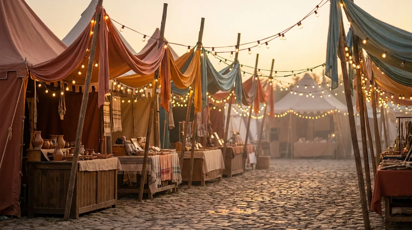 خيام مهرجان ملوّنة مغطاة بالقماش ومزيّنة بأضواء دافئة عند الغسق، أكشاك حرف يدوية خشبية في المقدمة، دون ظهور أشخاص أو لافتات مقروءة