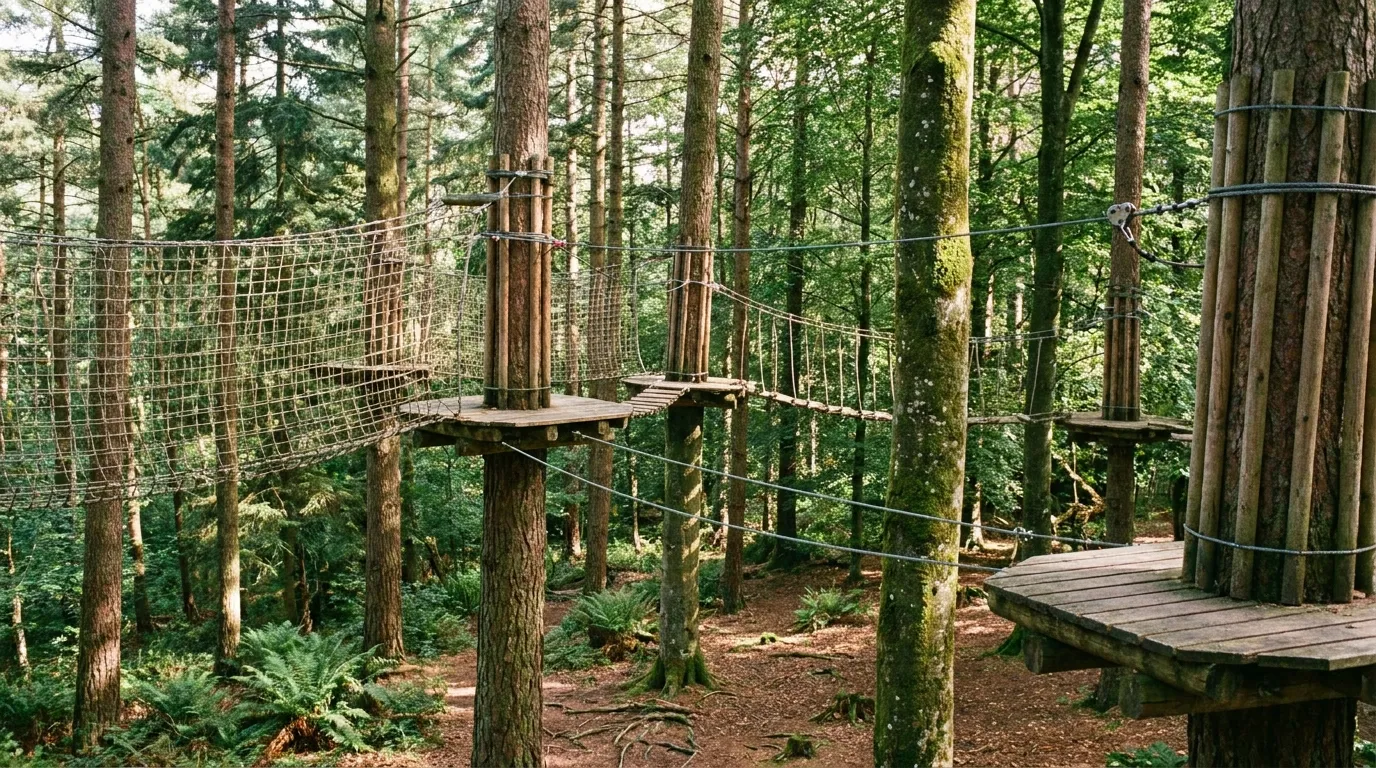 Ein Kletterwald im Wald mit Holzplattformen zwischen hohen Kiefern und Buchen, Stahlseilen, Drahtnetzen und einer Seilbrücke zwischen den Plattformen, keine Menschen zu sehen