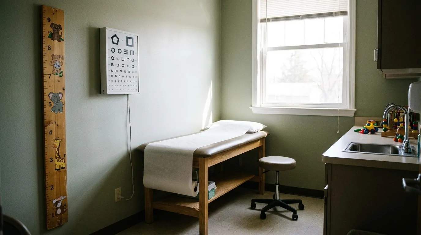 Una sala de examen pediátrico con un gráfico de medición de altura y una tabla optométrica en la pared