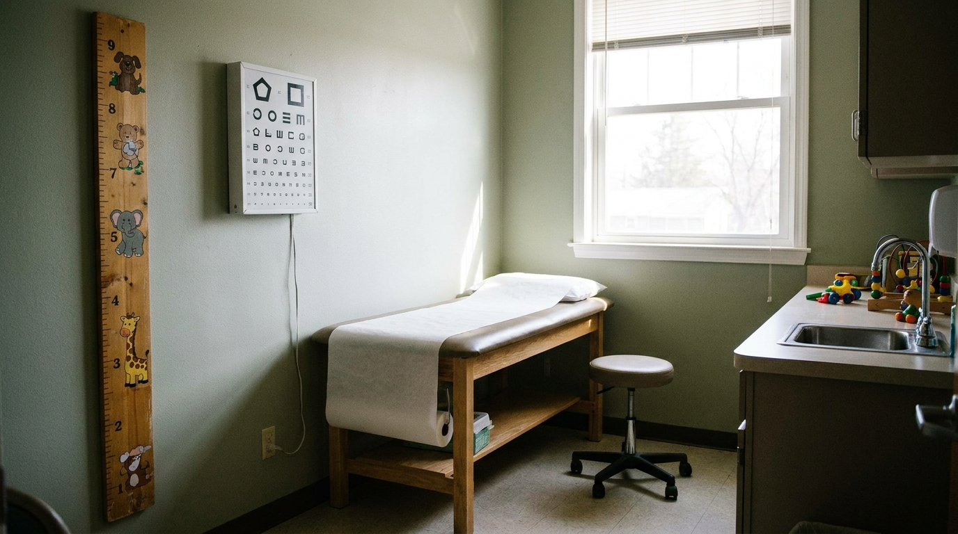 A pediatric exam room with a height measurement chart and an eye chart on the wall