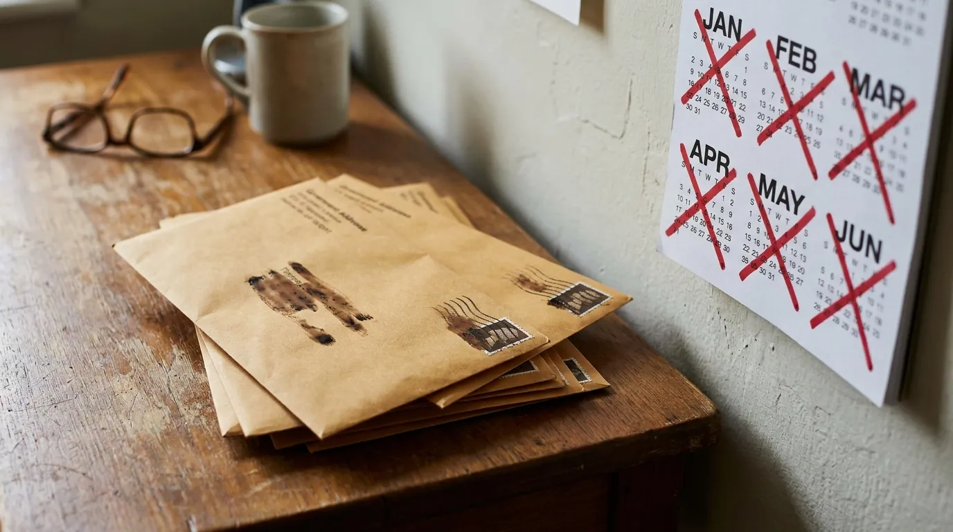 Una pila de sobres de correspondencia oficial del gobierno sobre un escritorio junto a un calendario mostrando varios meses tachados, sin texto legible visible
